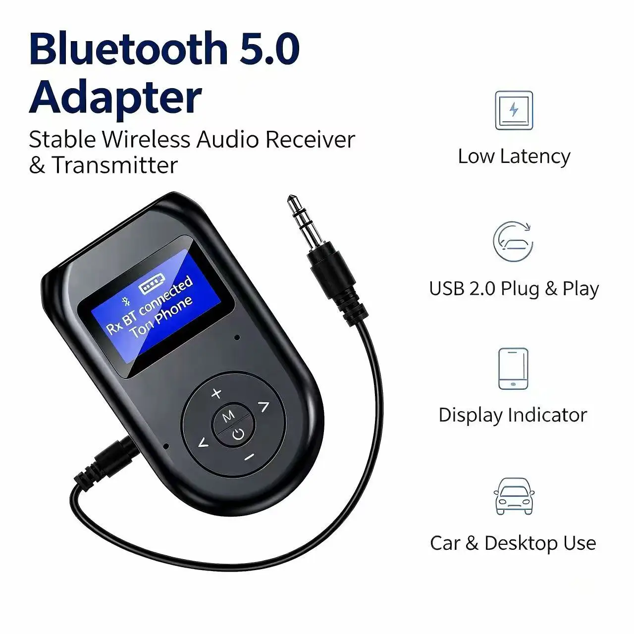 Low-Latency Bluetooth 5.0 Transmitter Receiver 3in1 Adapter with LCD Screen 3.5mm AUX Wireless Audio for Car TV PC Speakers Head