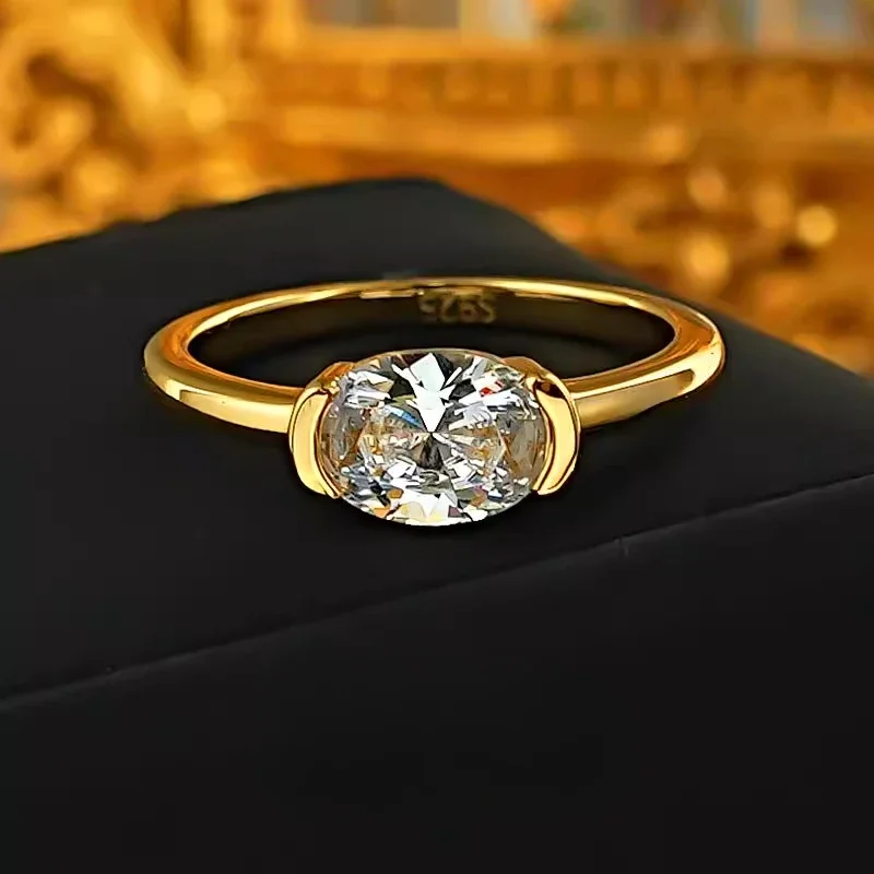 

New S925 sterling silver oval ring, niche, light luxury, minimalist style, inlaid with cultivated high carbon diamond, high-end