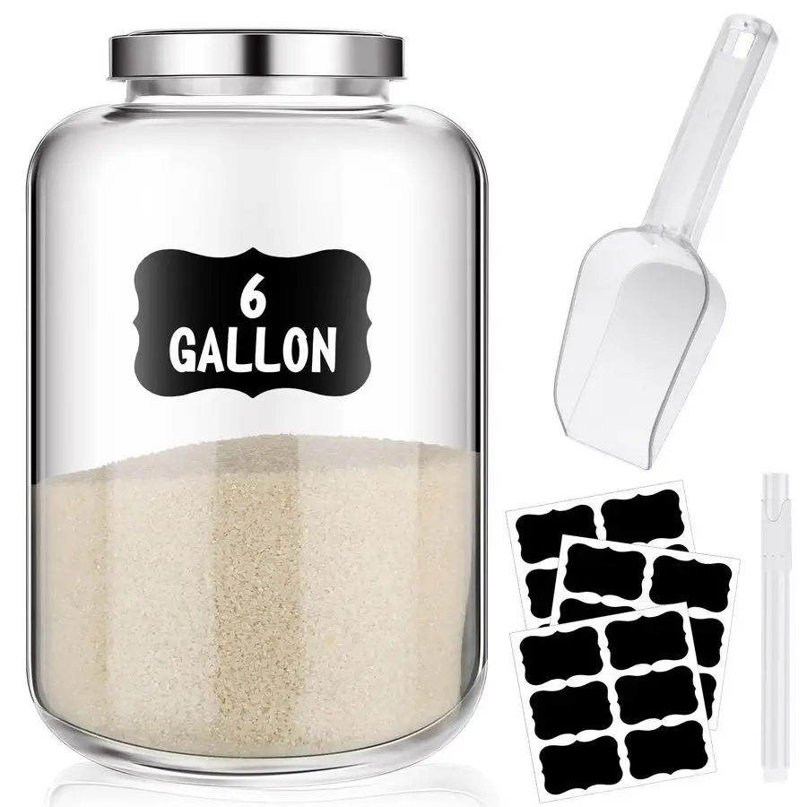 Tarro de vidrio grande de 6 galones con tapa de metal, tarros de galletas de boca ancha con etiquetas de cuchara, marcador, botes herméticas para conservas, vidrio resistente