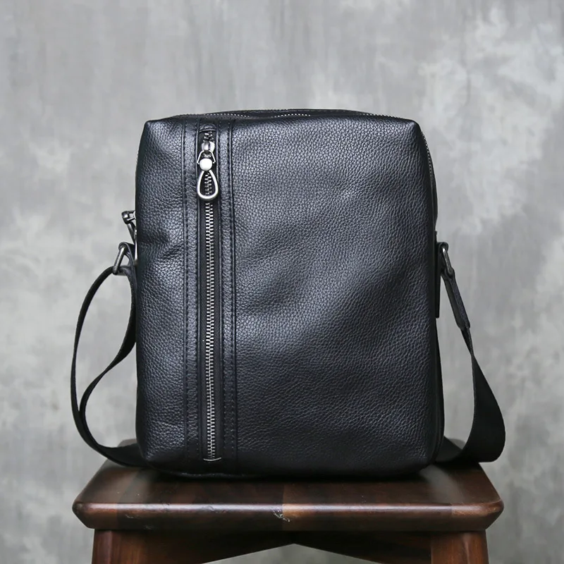 Men's Top Grain Leather Crossbody Bag, Vertical Design Casual Shoulder Bag Slim Backpack for Daily Use