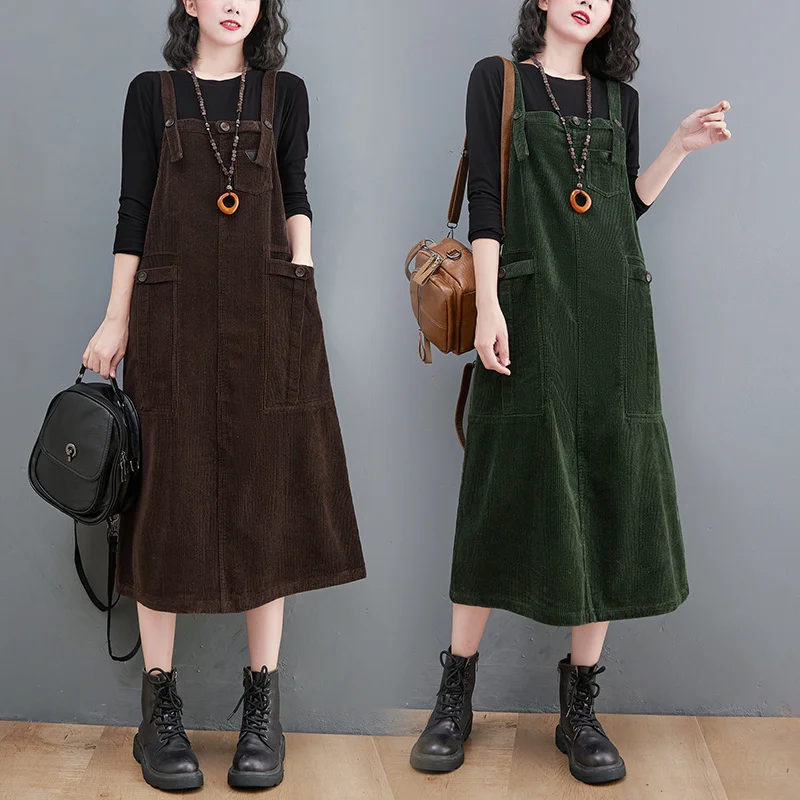 #3350 Vintage Corduroy Dresses Women Sleeveless A-line Midi Dress Female Loose Pockets Casual Suspender Dress Black Brown Green