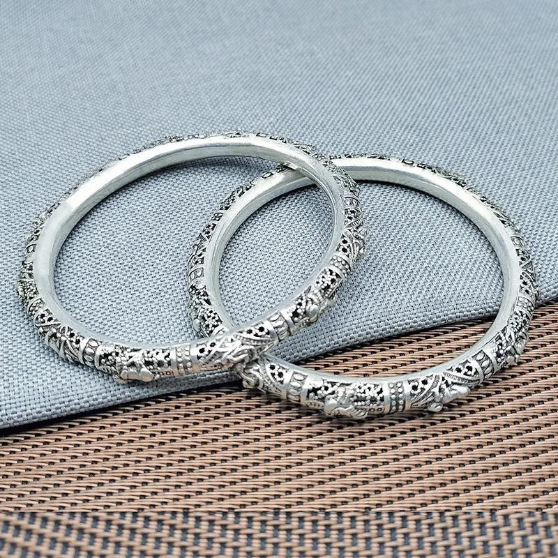 Handmade Miao Silver Bracelet With Hollow-Carved Floral , Featuring Twelve Zodiac Signs, Closed Double Design,