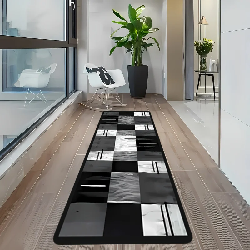 VIKAMA Black and White Geometric Rug: Non-Slip, Sound-Absorbing, Laundry Room Mat, Hallway Rug, Home Accent Carpet