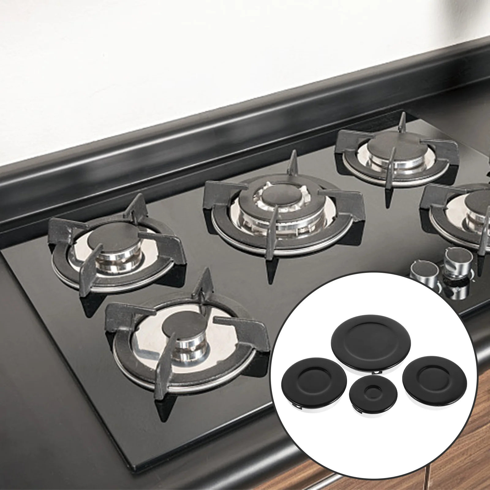 

Cooker Hat Set Gas Stove Flame Cap Replacement Kit Black Concave Surface Distribute Gas Hob Burner Crown Covers