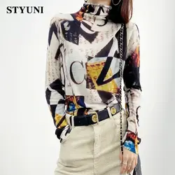Graffiti Geometric Print Knitted Women's Sweater 2022 Korean Fashion Vintage Loose Soft High-Neck Bottoming Pullover Jumpers
