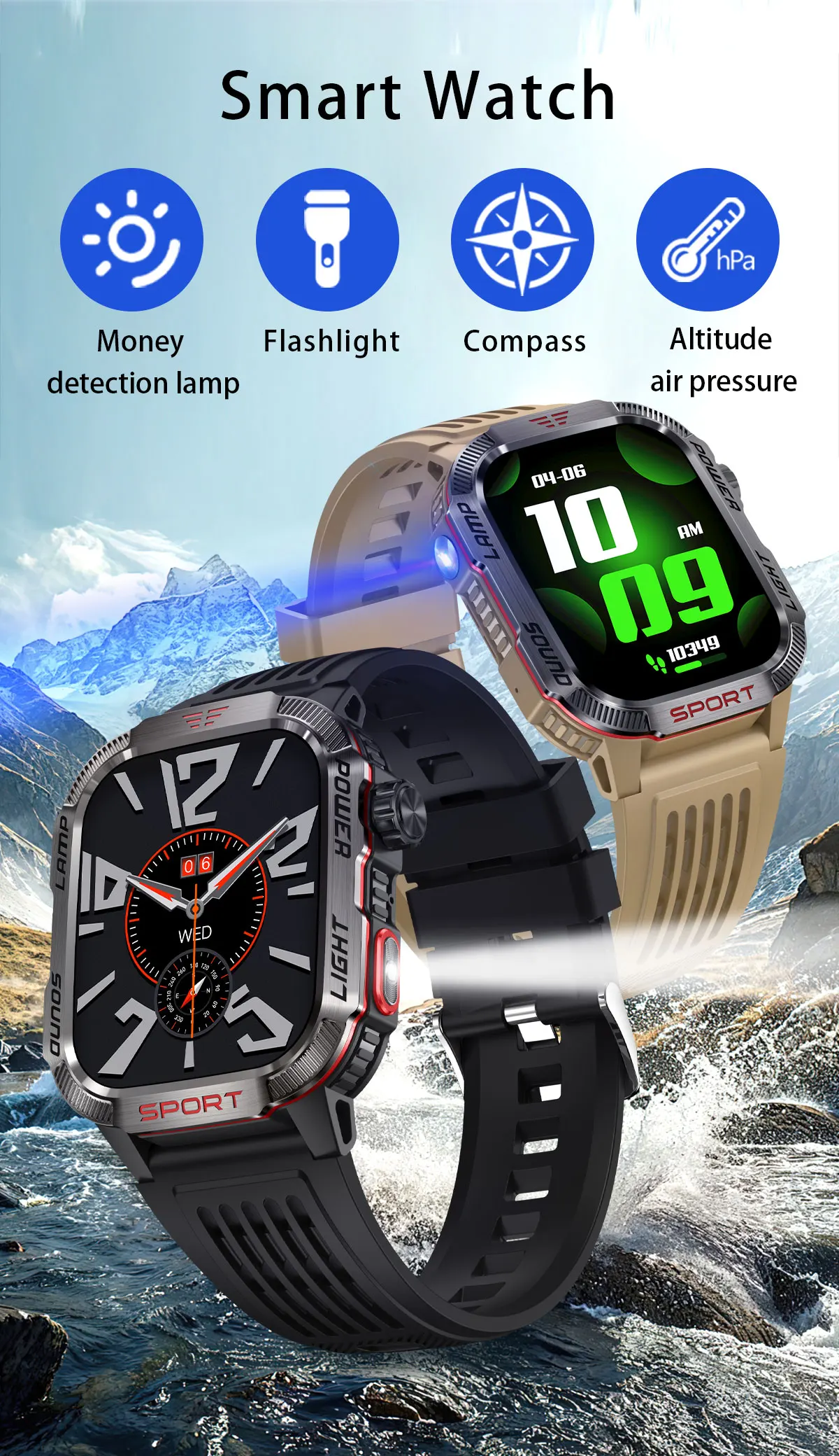 Men's sports smartwatch with multiple sports modes outdoor 600mAh large battery flashlight purple light smart electronic watch