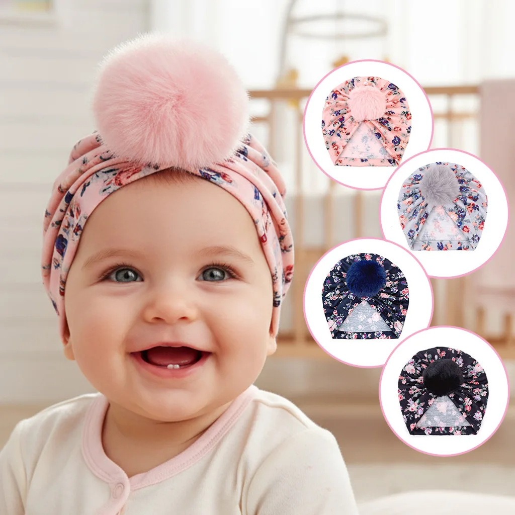 

Newborn Floral Pom Pom Turban Hat Autumn Winter Soft Infant Cap Cute Baby Girl Headwear Floral Print