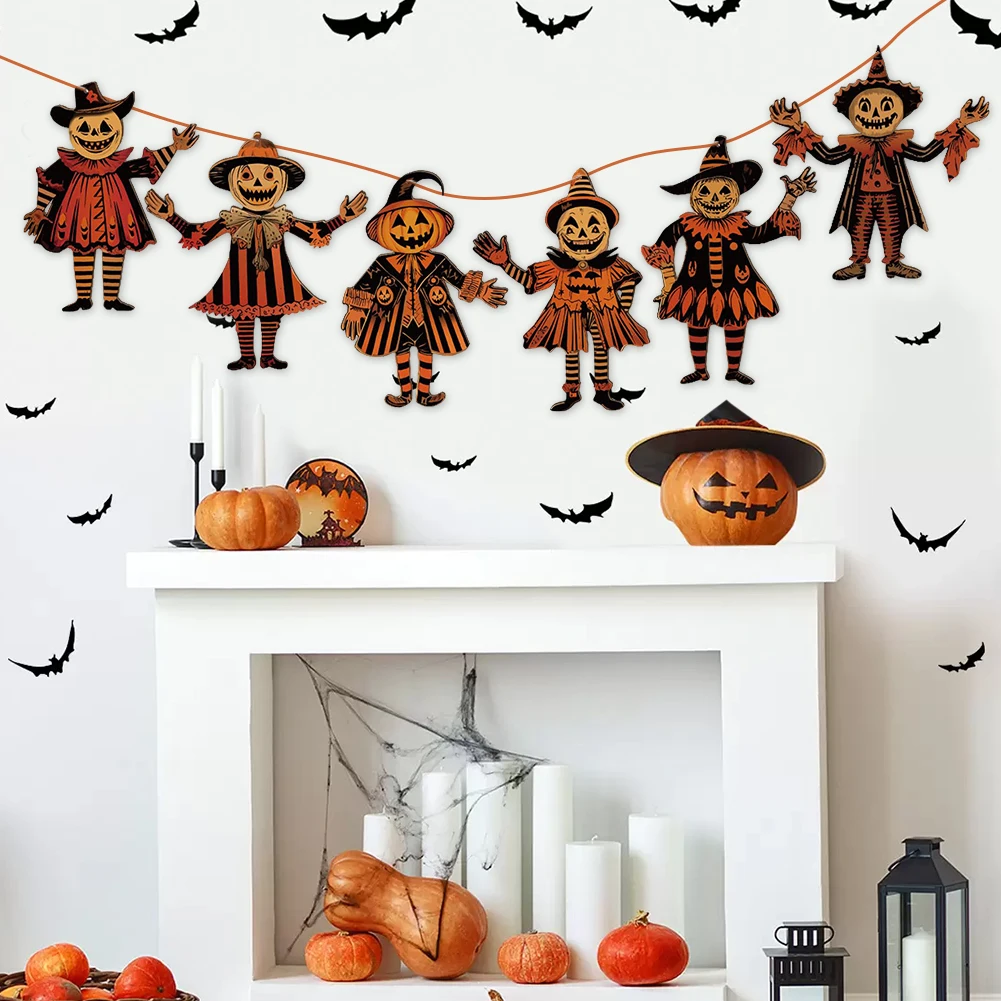 6Pcs Halloween Wood Banner Decorations Smiling Pumpkin Banner Ornaments Vintage Scarecrow Pumpkin Decor for Home Office