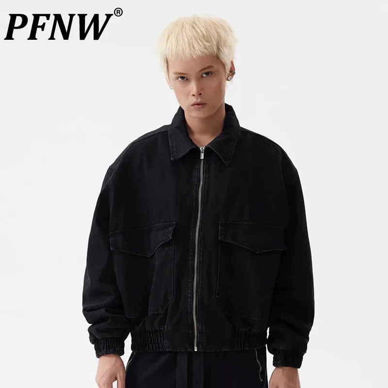 

PFNW Dark Style Men's Jakets Worn-out Washed Big Pockets Zipper Turn-down Collar Solid Color Male Loose Cargo Coats 28W4743