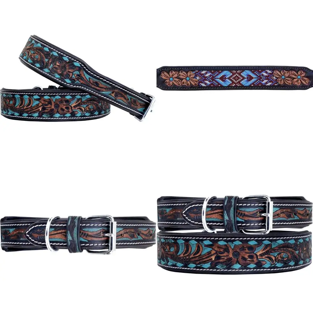

Heavy-Duty Hand-Tooled Leather Dog Collar - Western Style, Adjustable, Padded, Suitable for Puppies and Large Dogs, Durable and
