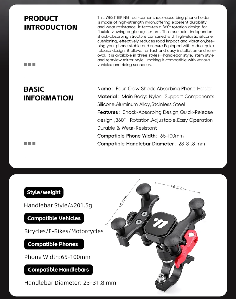 WEST BIKING Fahrrad-Handyhalterung mit Stoßdämpfung, Schnellverschluss, Anti-Shake-Halterung für Motorrad, MTB-Lenker, Vorbau und Rückspiegel – Detail 2