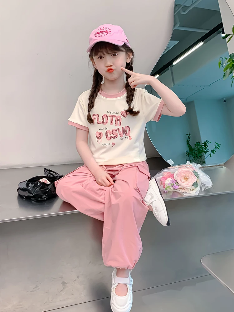 女の子用サマーアウトフィットセット-スポーティーな半袖ツーピーススーツ-子供服-カジュアルスタイル-4歳から歳-キッズ