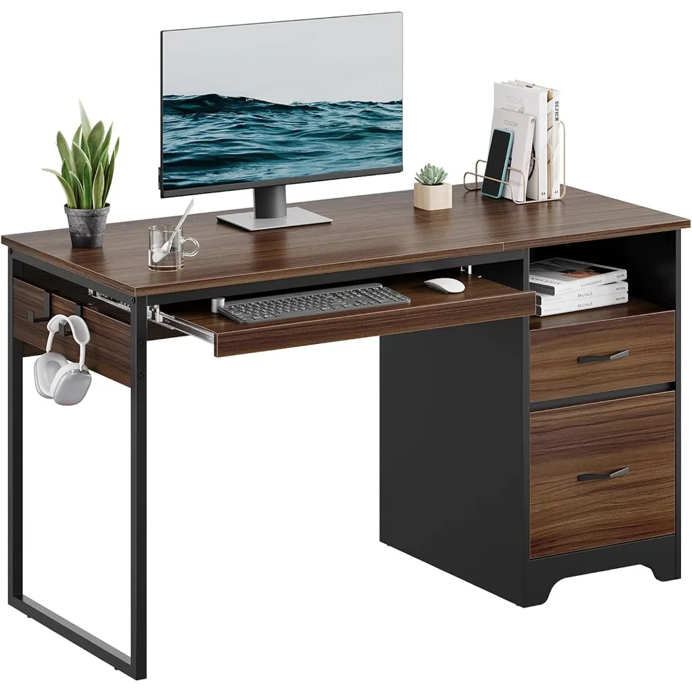 48” Computer Desk with Drawers, Office Desk with Storage, Industrial Wood Writing Desk with File Drawer, Keyboard Tray &2 Hooks