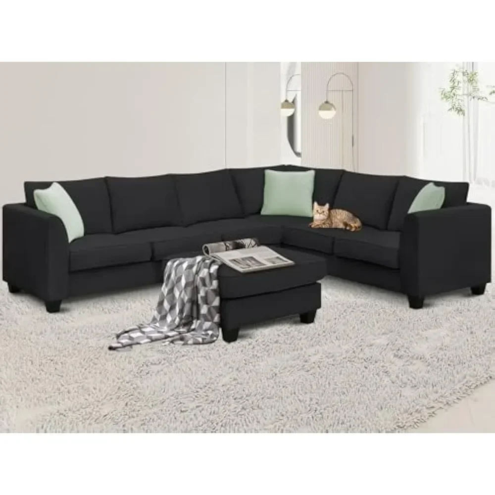 Living sofa, Modern Large U, 7 Seat Fabric Set with Movable Ottoman, L Shape Sectional Sofa Corner Couch