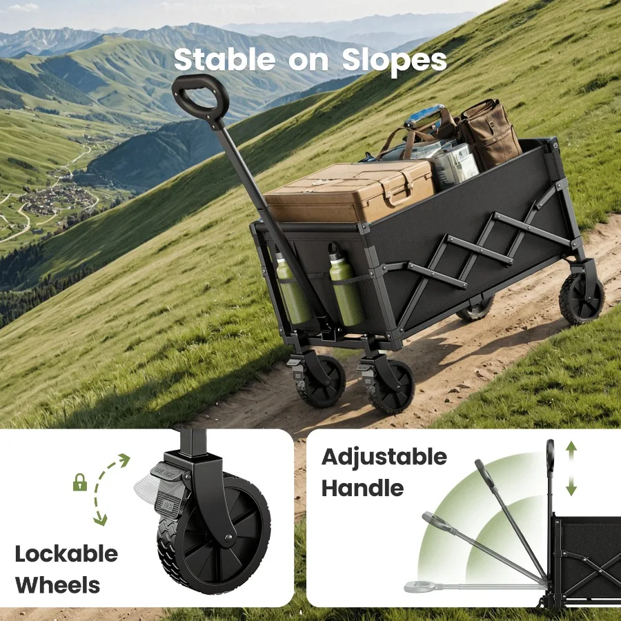 Collapsible Wagon Cart with Expandable Storage Locking Front Wheels for Beach Camping and Shopping Adventures Portable Foldable
