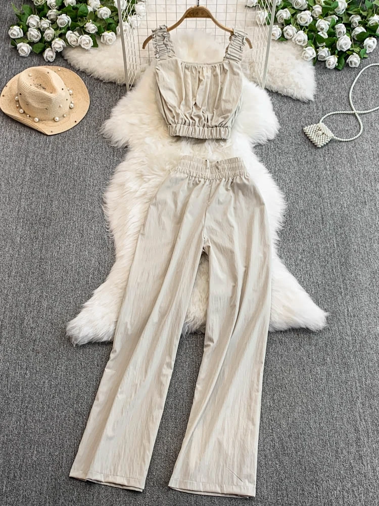 

Faionable Korean Sle Women's Set Spring Summer High Waist Wide Leg Pants ort Top with Wood ain Strap Design Slim...