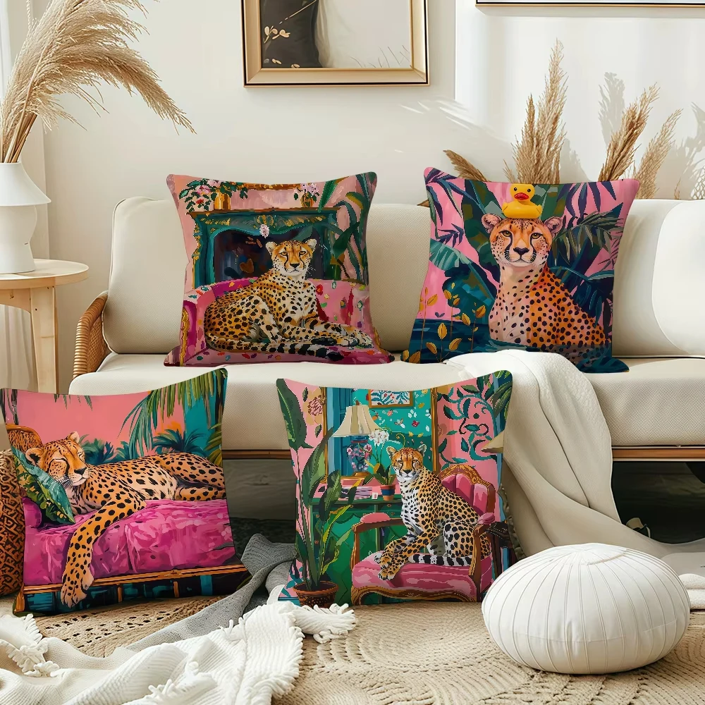 Nordic Simplicity Fashion Cheetah & Plant Cushion Cover Pillow Decor for Home Sofa Living Office Car - Room Decoration