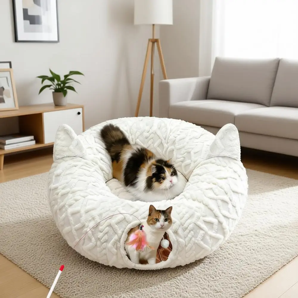 

Cat Tunnel Bed for Indoor Cats, Soft Plush Donut Tunnel with 11 Interactive Toys & Washable Mat, Peekaboo Pet Cave Play Tunnel U