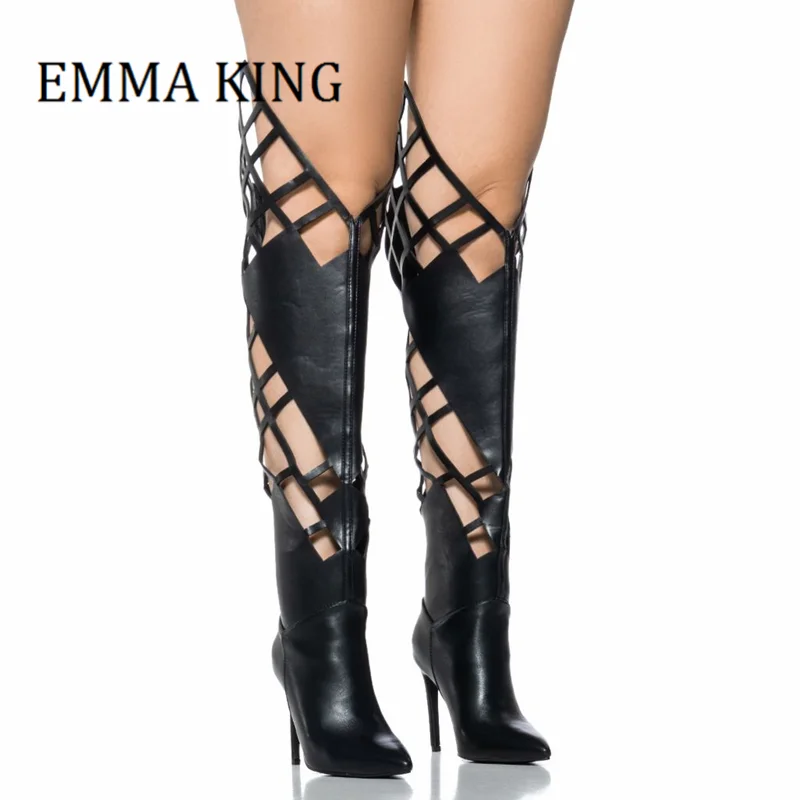 

Women Black Cut Out Over The Knee High Boots Sexy Pointed Toe Stiletto Thigh High Boots Hollow Out Pull On Shoes For Women's