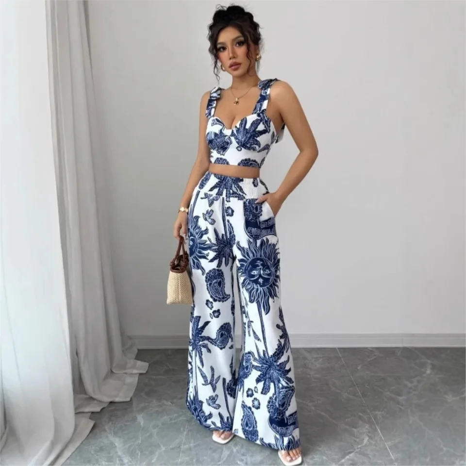 

Sexy Strapback Halter Tops Long Pants Female 2-piece Set Summer Fashion Printed Wide-leg Pocket Trousers Elegant Women's Suit