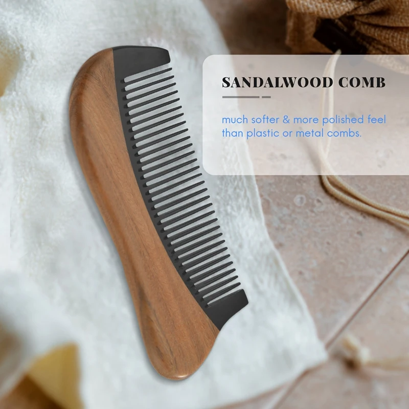 Natural Green Sandalwood Hair Comb - No Static Wooden Fine Tooth Black Buffalo Horn Comb (Green Sandalwood)