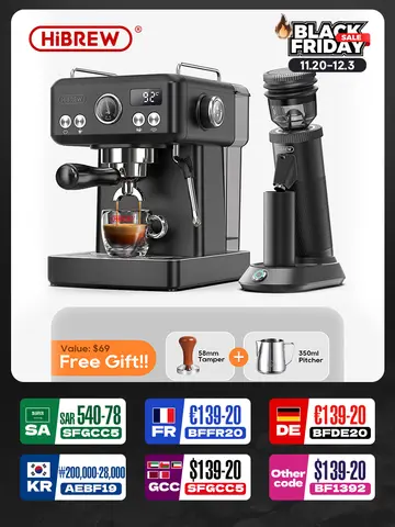 HiBREW 블랙 에스프레소 머신 온도 볼륨 사전 양조 조절 가능, 58mm 포타필터 카푸치노 커피 메이커, H10A