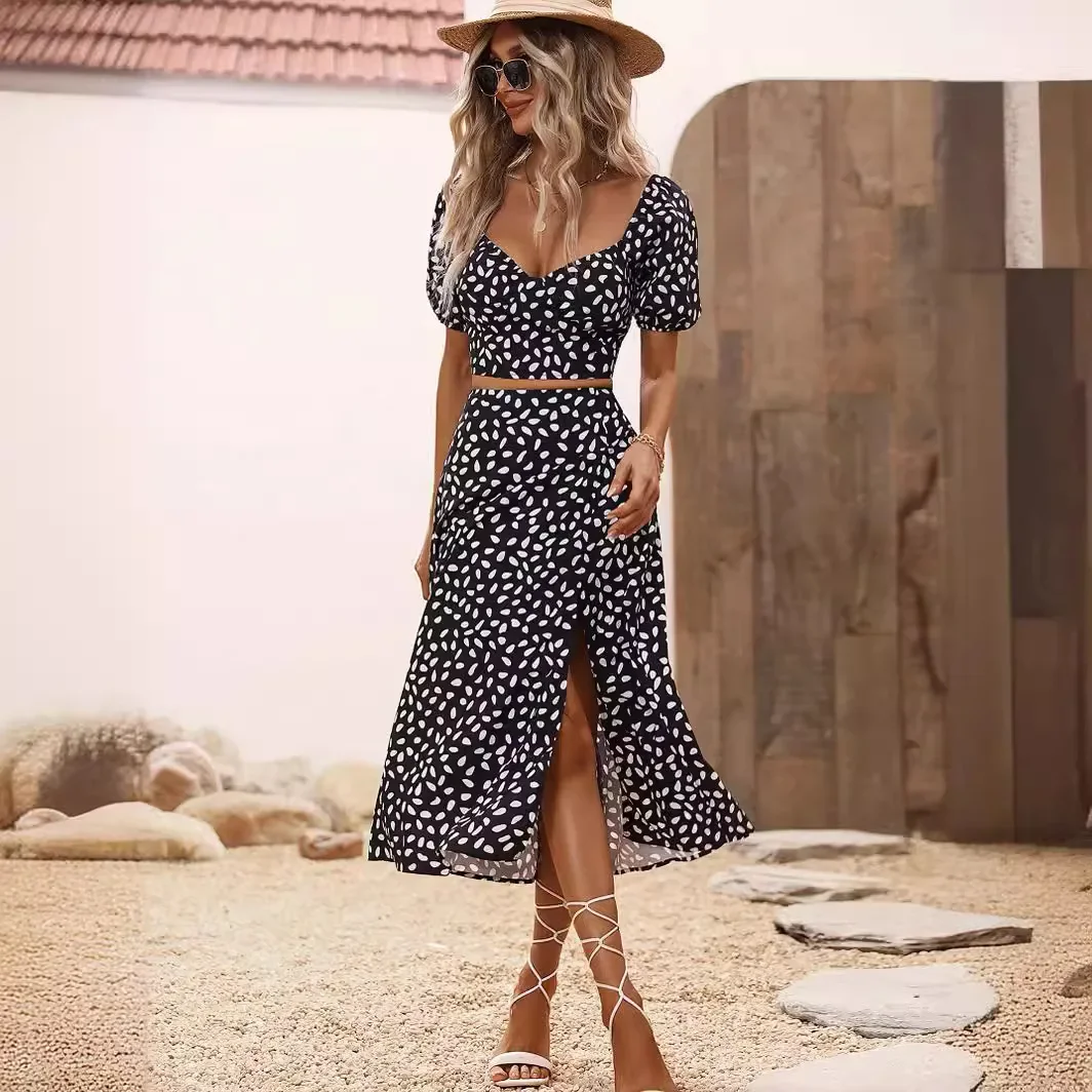 Summer Printed Two Piece Sets Womens Outifits Party Fashion V-neck Short Sleeve Tops and Long Slit Skirt Sets Womans Clothes