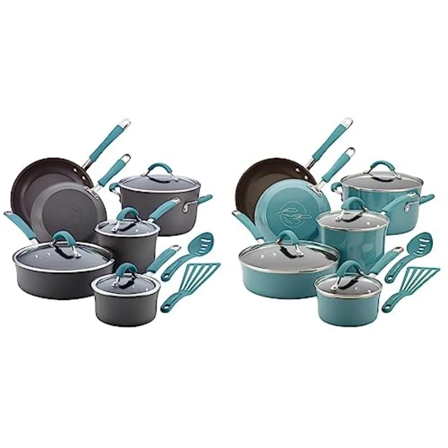 

Набор посуды из 12 предметов с твердым анодированным антипригарным покрытием серого цвета с синими ручками для эффективного приготовления пищи и легкой очистки, идеально подходит для домашнего комплекта
