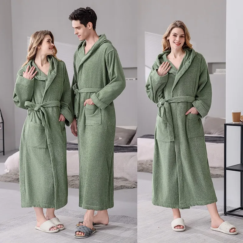 Cotton Bathrobe Hotel Adult Towel Material with Hat Sleeping Robe All Cotton Four Seasons Universal Couple Home Clothes