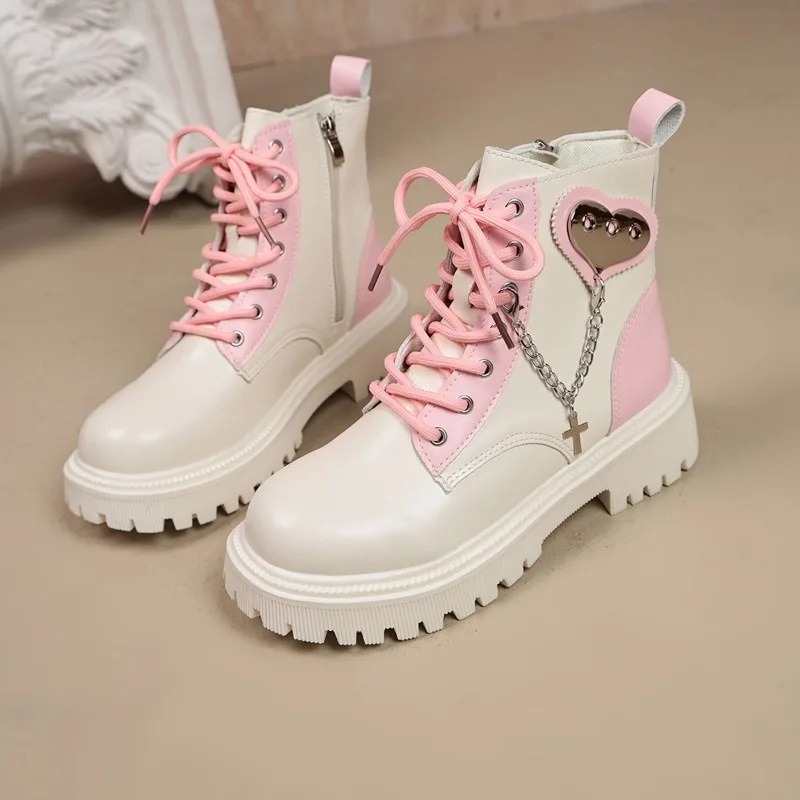 Side Zip Lace-Up Booties Fashion Round Toe Metal Embellished Platform Block Heel Shoes for Women