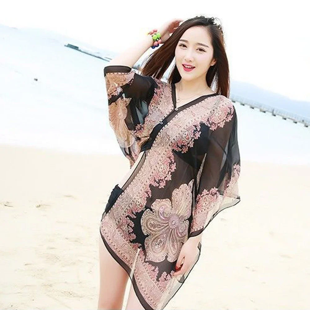 

Beach Chiffon Scarf Women Black Red Summer Scarves Beach Saida De Praia Swimsuit Girl Bikini Cover Up Floral Printing T Shirt