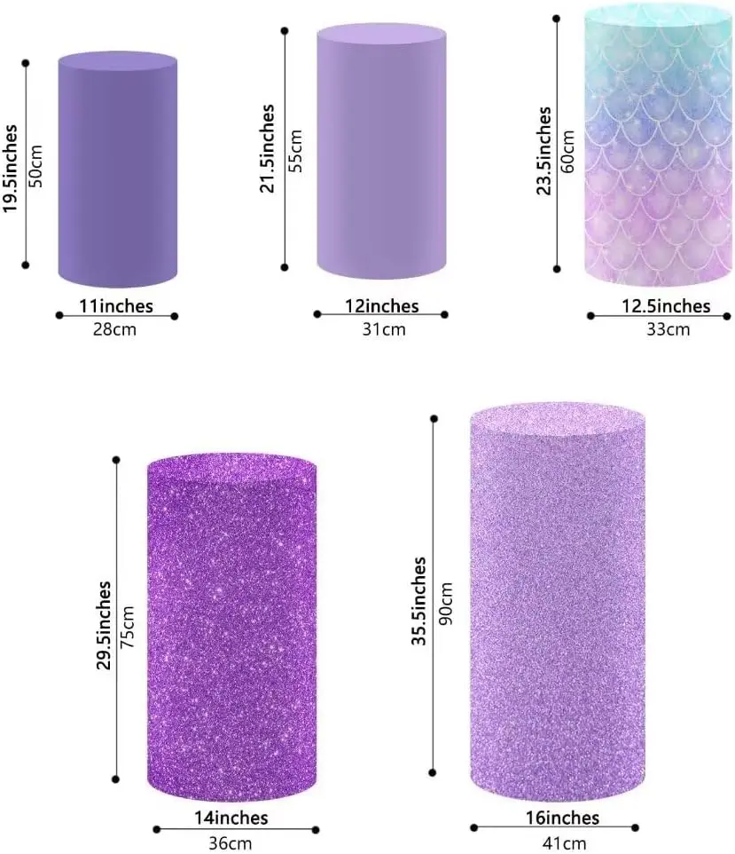 مجموعة من 3 / مجموعة من 5 أغطية حامل أسطوانية أرجوانية على شكل حورية البحر من قماش الألياف اللدنة لتزيين حفلات أعياد الميلاد وحفلات الزفاف