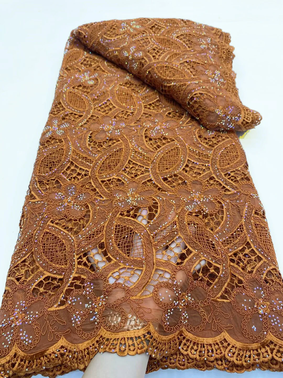 

(5yards/pc) High quality brown African cord lace 2025 newest guipure voile lace fabric with stones for party dress WDP024
