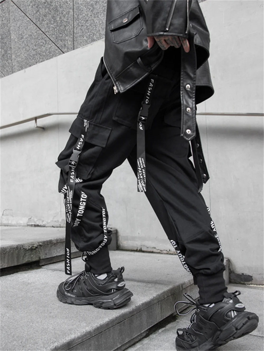 Pantalones Cargo negros Harajuku para hombre, ropa técnica con cintas, Emo japonés, Alt, Jogging callejero, Hippie, gótico