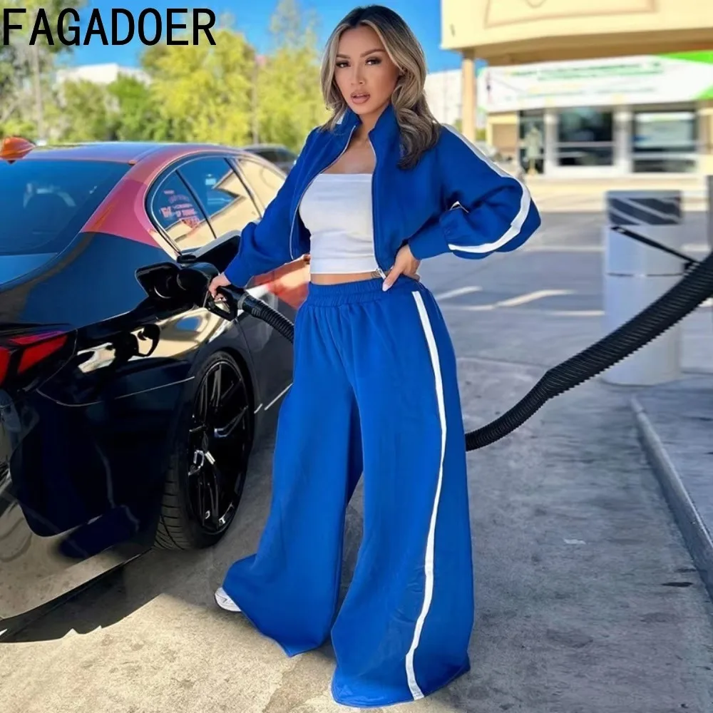 FAGADOER Mode 2-teiliges Set Frauen Outfit Reißverschluss Langarm Sweatshirts Crop Top + Baggy Hosen Jogger Anzüge Weibliche Streetwear