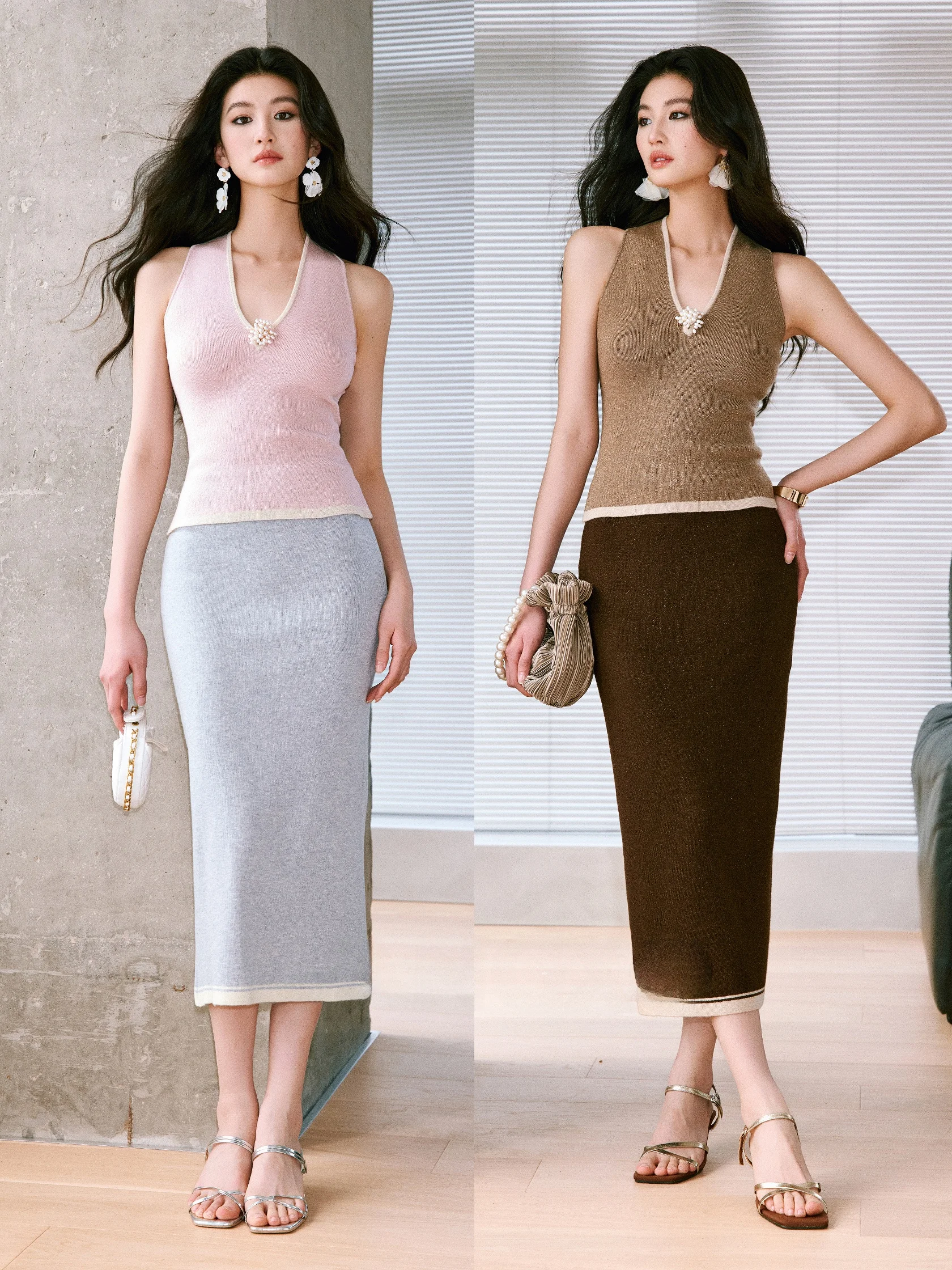 

WANGXO Bright Thread Wool Knitted Slim Fit Vest Color Block Sleeveless Long Straight Half Skirt Fashionable Women's Set Summer