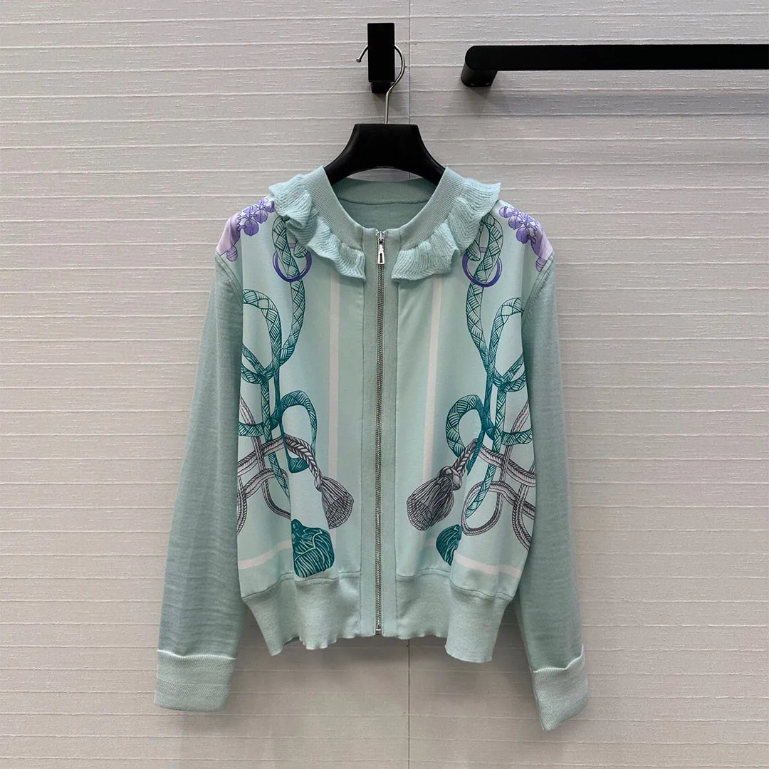 

2025 New Autumn Vintage Print Totem Silk Splice Knitted Cardigans Women Ruffles O-neck Long Sleeve Sweet Casual Wool Sweater