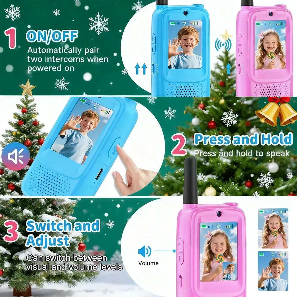 أجهزة اتصال لاسلكية فيديو للأطفال، جرس متغير قابل لإعادة الشحن، عبوة من قطعتين، ألعاب داخلية وخارجية للحفلات والتخييم هدية الكريسماس