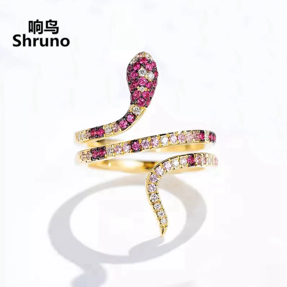 Shruno Solid 14k Yellow Gold Snake Gemstone Ring Personality Pink Sapphire Diamonds Women Band Ring Exquisite Trendy Jewelry