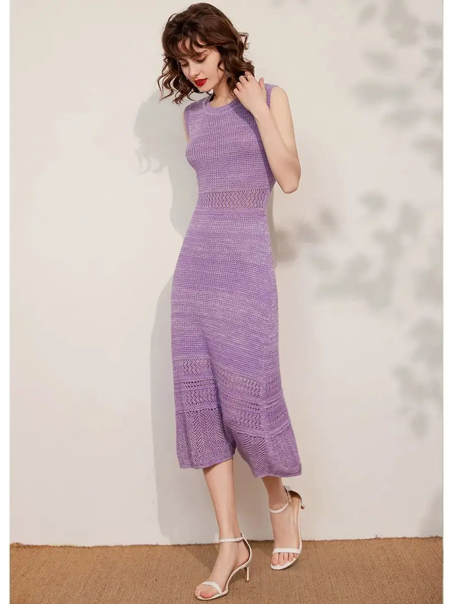 LOUIS YAO Women Knitting Dress 2024 Summer Hollow Sleeveless Slim Fit Dress Slim Fit Fashionable Purple Blue Crochet Dress