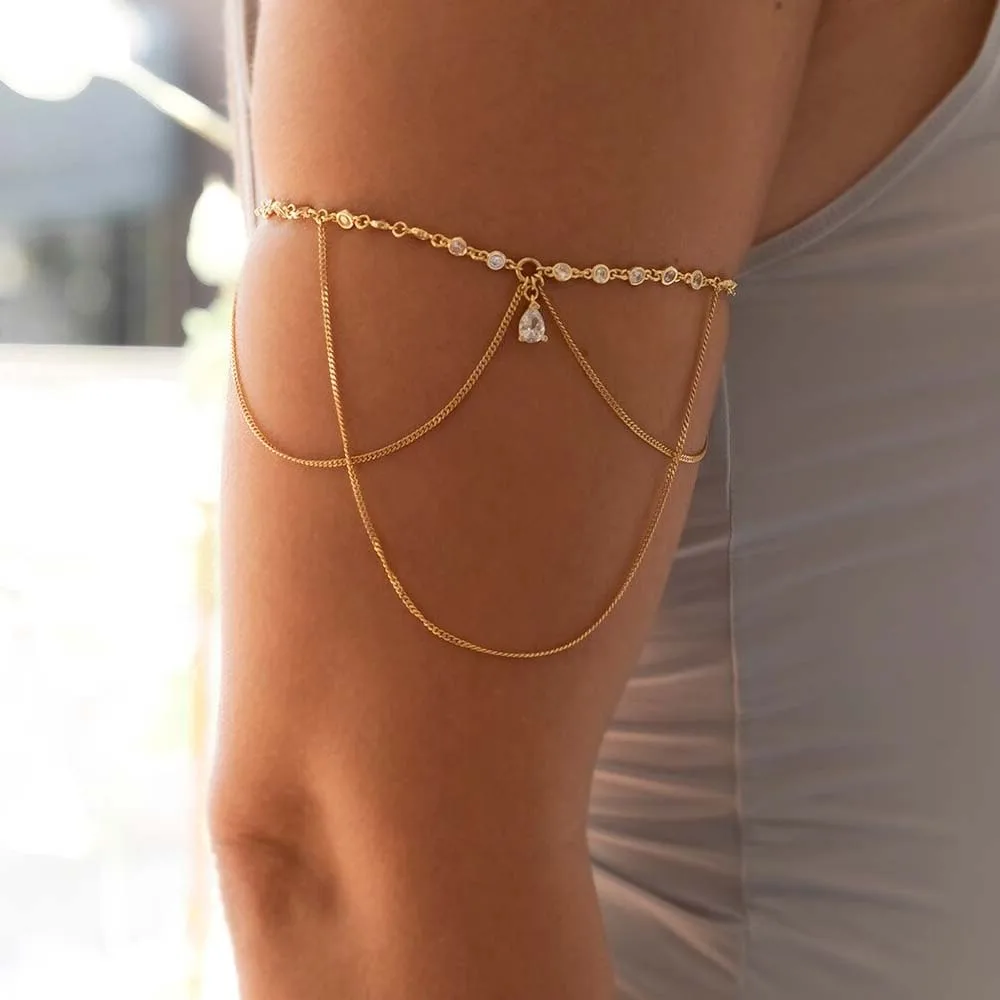 Stonefans Layering Upper Arm Chain Cuff Half Open Teardrop Bar Charm Pendant Lariat Armlet Rhinestone Arm Bracelet Bangle Gift