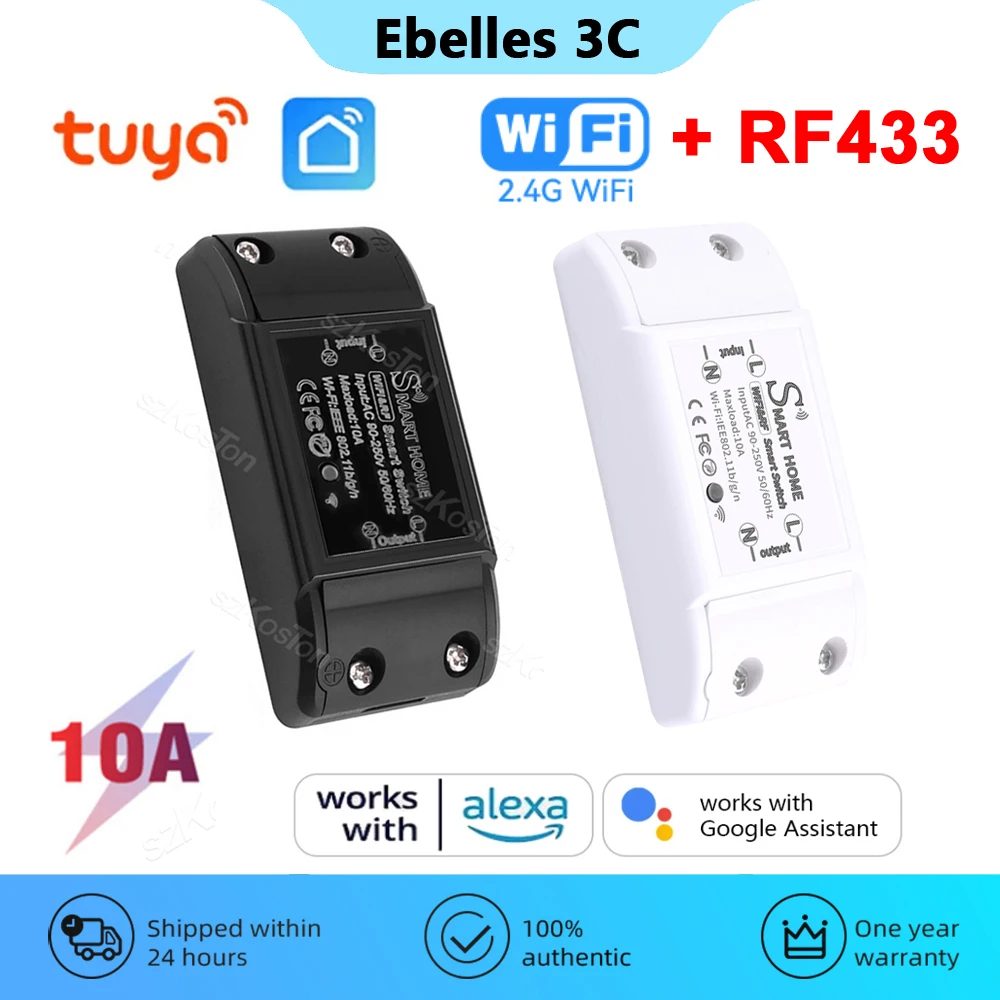 Tuya RF433 Wifi Switch 10A Smart Home Relay RF433 Receiver Smart Switch Module Smart Life APP DIY Timer Voice dla Alexa Google