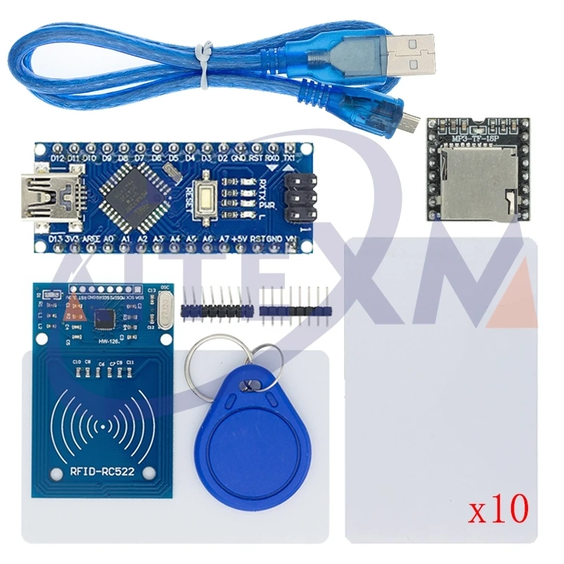 13.56 MHZ IC Card + Nano V3.0 MINI USB Board With Soldered + USB Cable + MINI MP3 Module + MFRC522 DIY RFID Kit For Arduino Nano