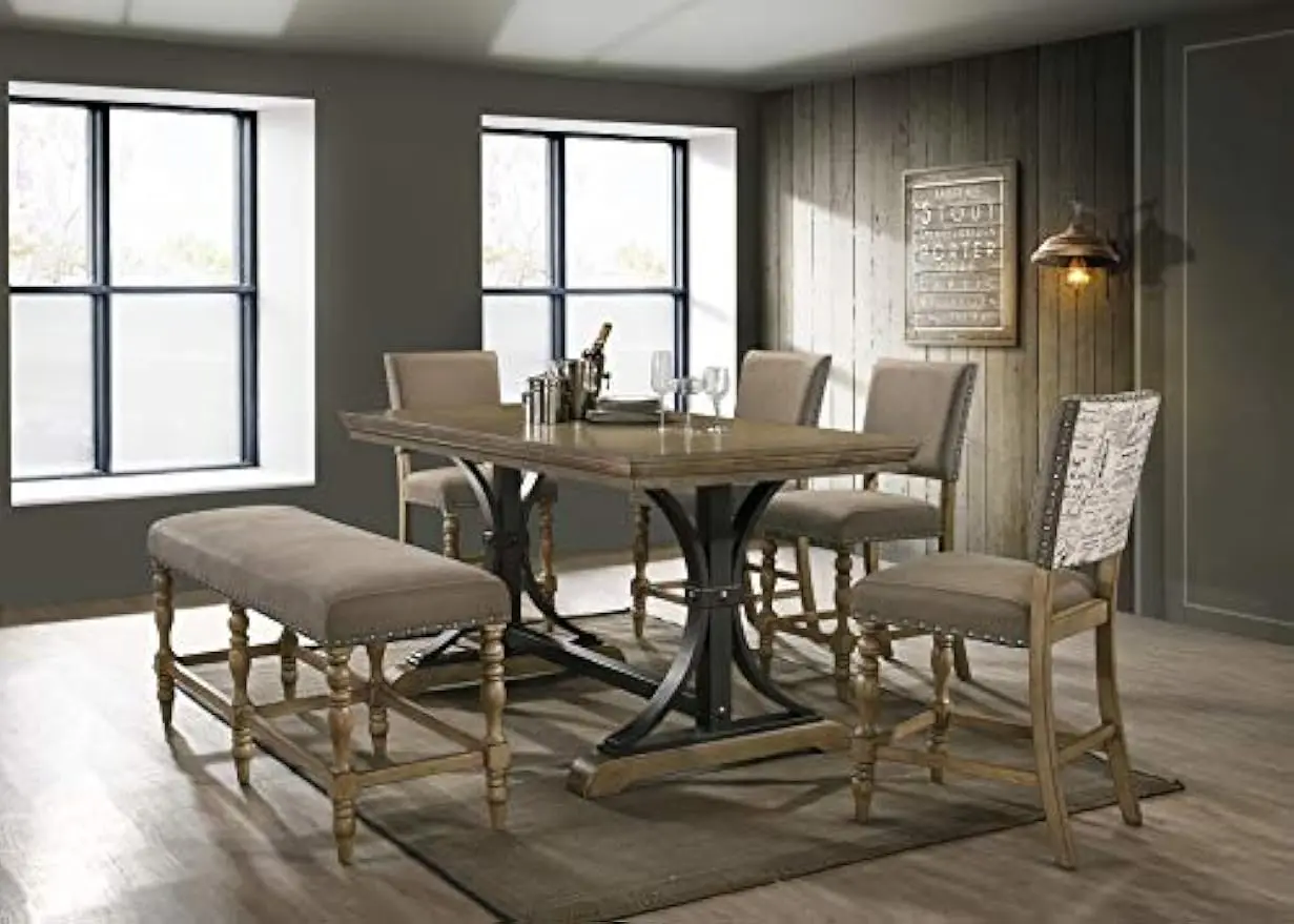 Roundhill Furniture Birmingham 6-Piece Table with Nail Head Chairs Counter Height Dining Set, Driftwood