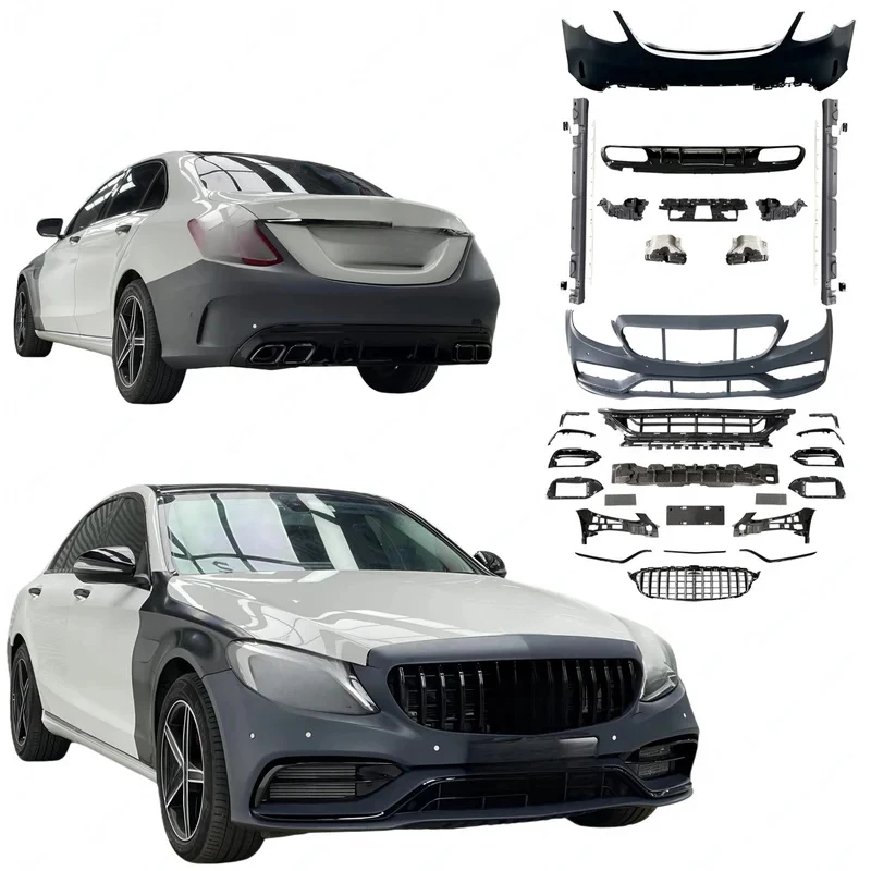 High Quality C63 Style Facelift Body Kit Front Rear Bumper Engine Hood W205 C Class 2015+ C200 C250 C300 Exterior Modificati