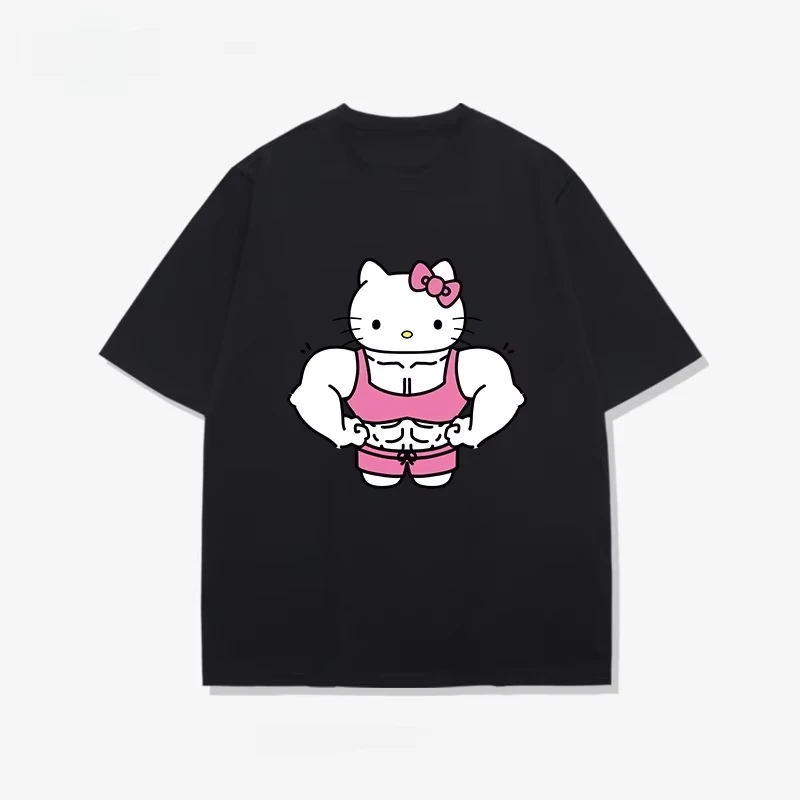 

Черная кожаная хлопковая футболка с короткими рукавами и принтом «Hello Kitty», женская свободная повседневная универсальная футболка больших размеров с цветочным принтом