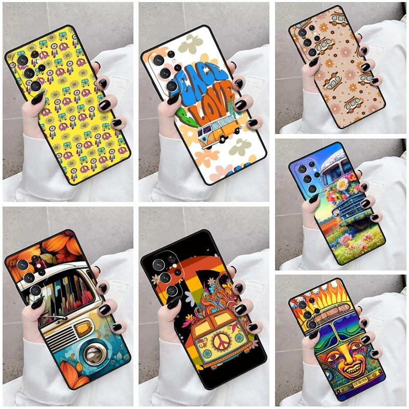 Phone Case For Samsung Galaxy S24 S23 S21fe S22 Ultra Plus Note 10 20 S8 S9 S10 Cover Hippie Peace Bus and Sunflower