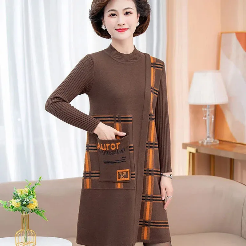 

High-Grade Female Knit Sweater Dress, Warm Base On Dresses, Middle-Aged Women Long Pullover, Round Neck Sweater, 5XL, New