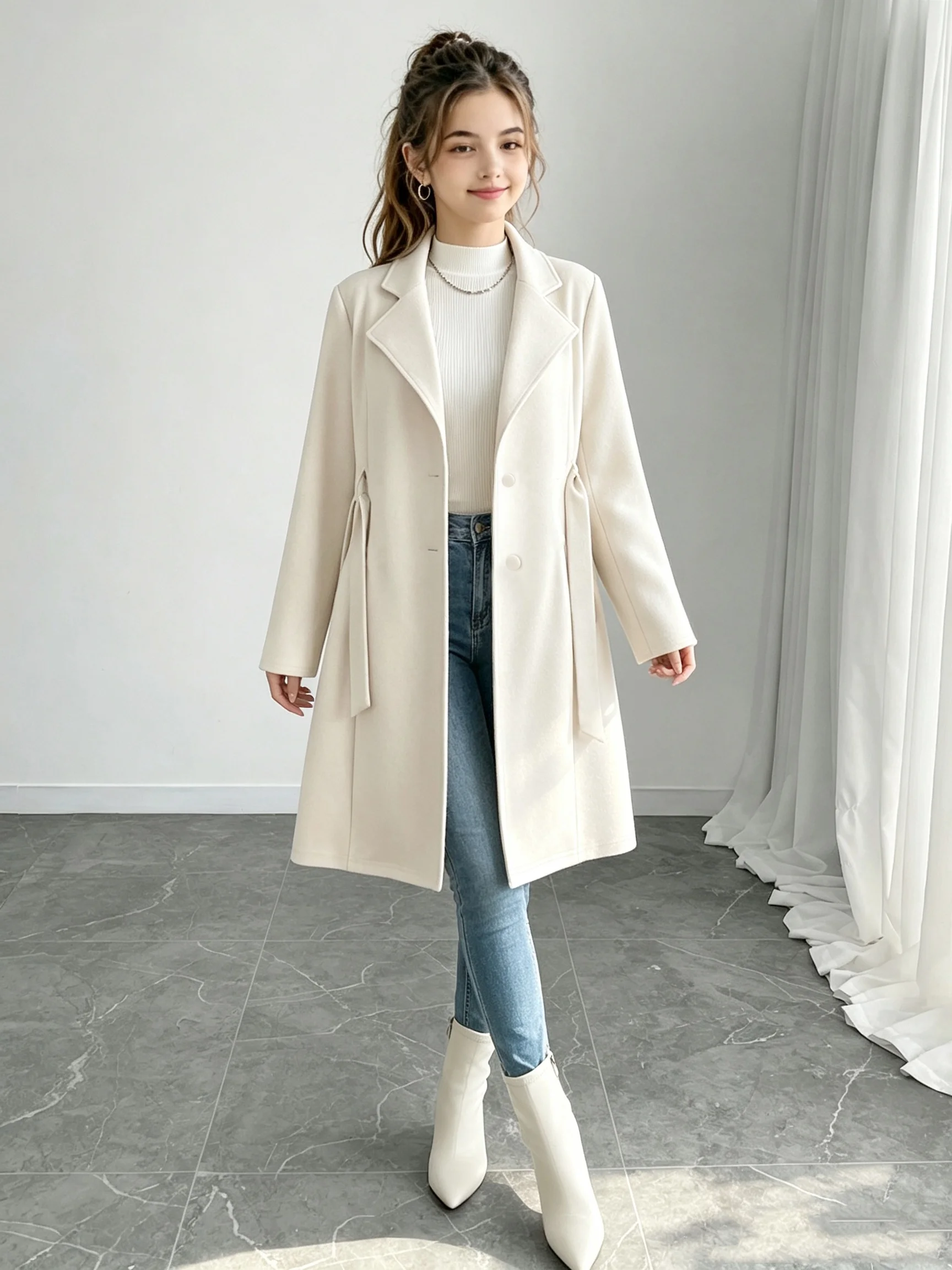 Mädchen-Herbst- und Wintermantel mit elegantem und stilvollem Design, einfarbig, warm und stilvoll, großer Kragen, langärmliger Mantel, kombiniert mit passendem Gürtel, geeignet für ältere Kinder und Teenager im Alter von 12-16 Jahren. – Detail 4