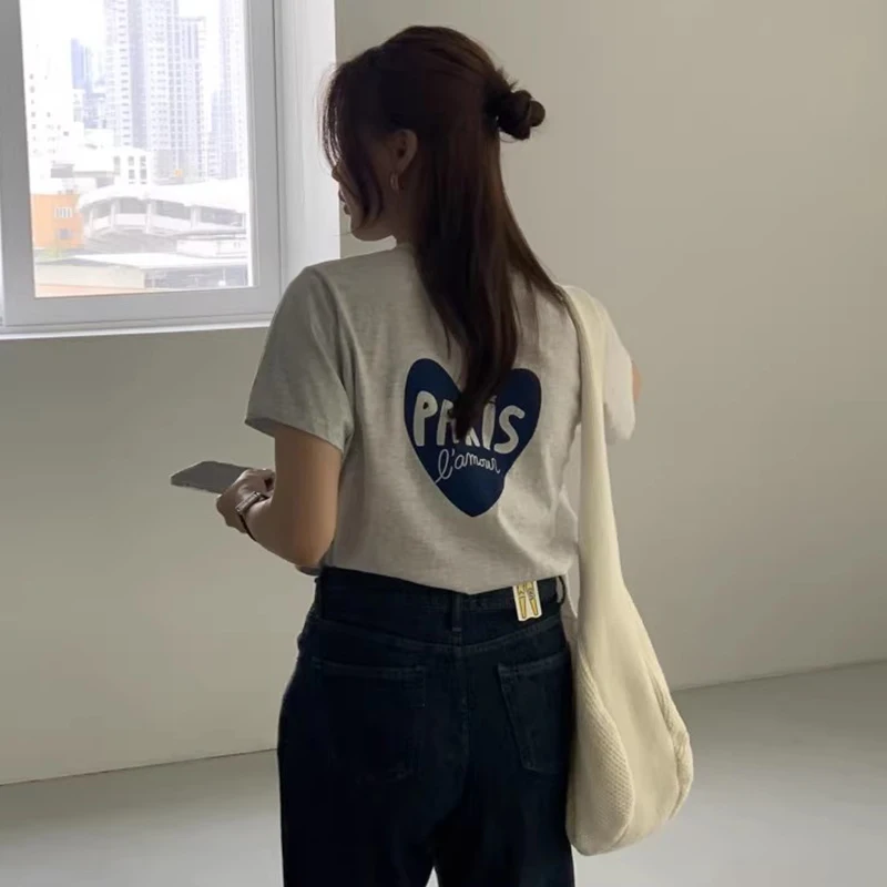 T-shirt retrò rotonda Ne ort Sve da donna, vestibilità ampia, design estivo chic, stampa di lettere Ba, versatile top coreano